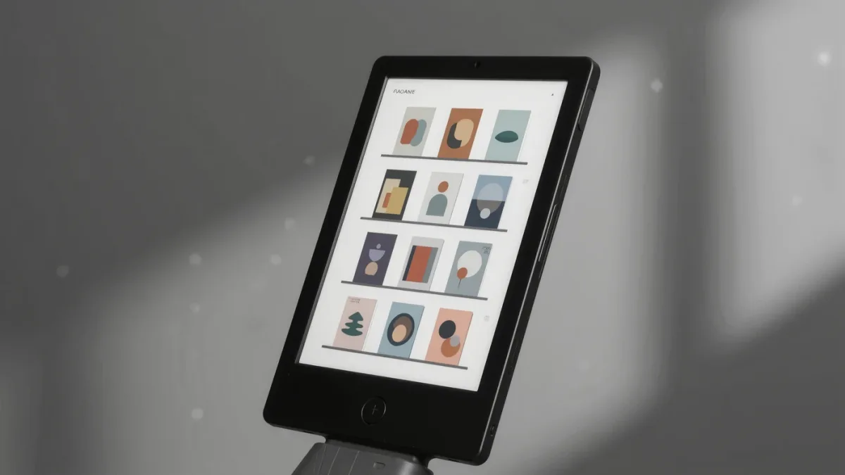 Close-up of e-reader screen showing book covers in shelf view grid