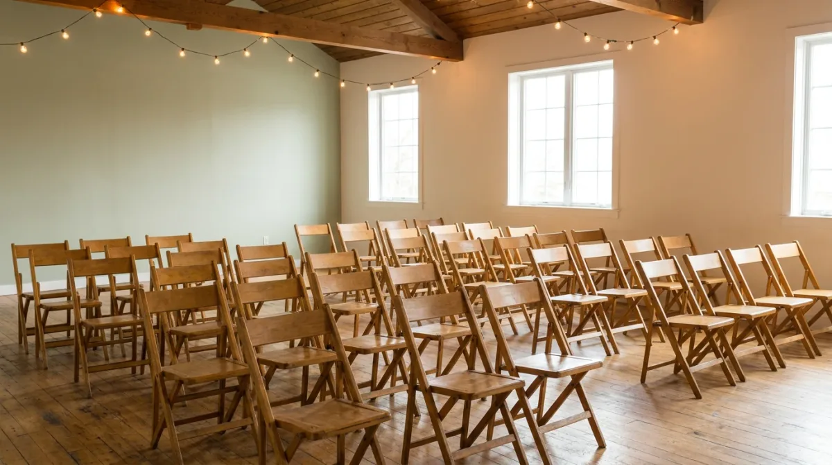 Folding chairs and string lights in an empty community hall at golden hour