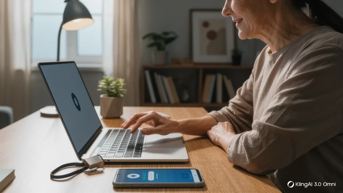 Person unlocking a laptop with a fingerprint sensor in morning light