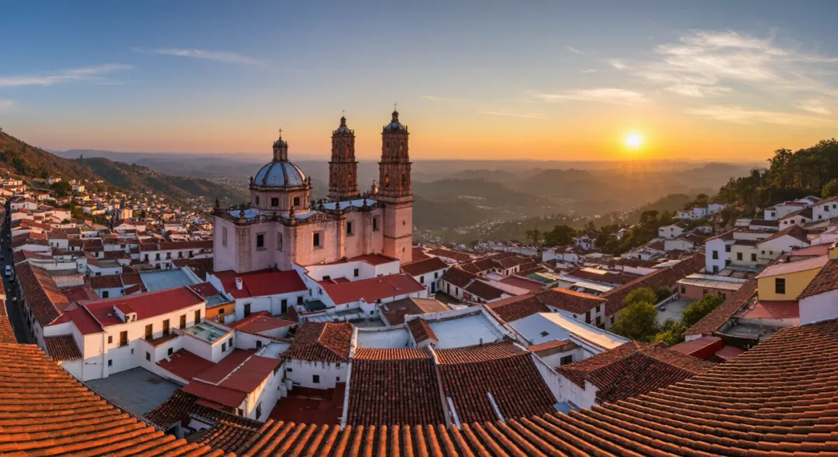 Taxco's hillside rooftops at sunset