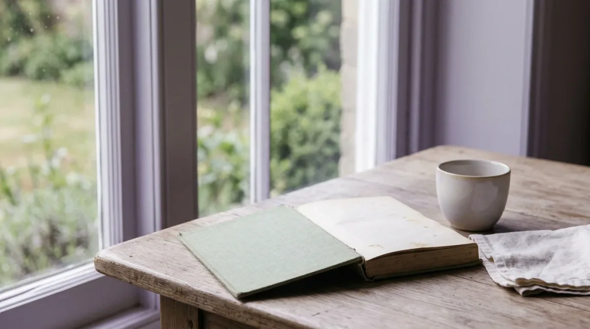 Open old book beside a dim window with muted light