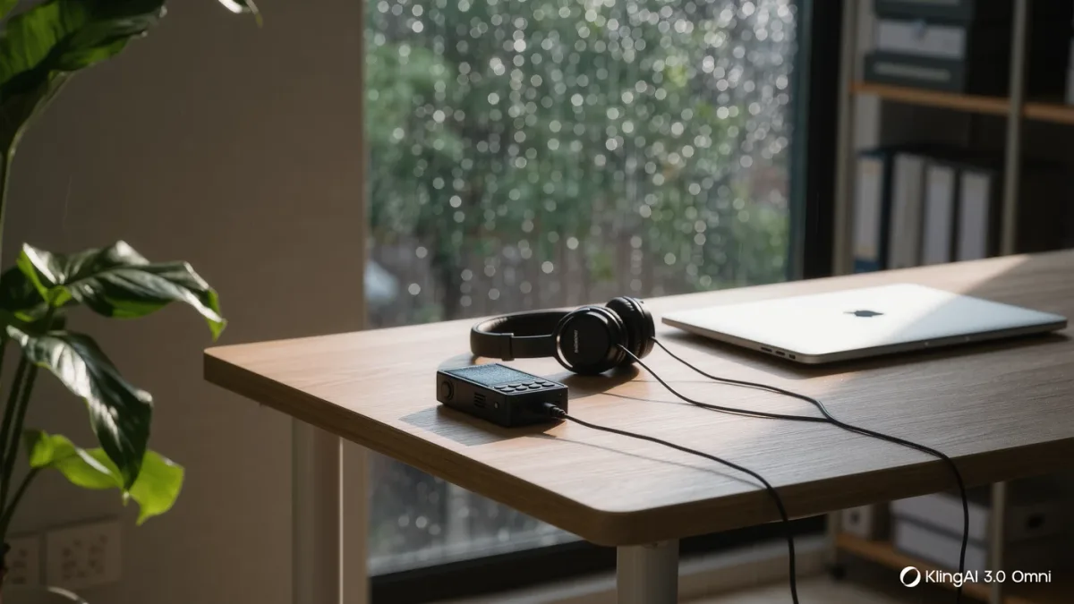 Recorder and laptop on a quiet home desk with headphones