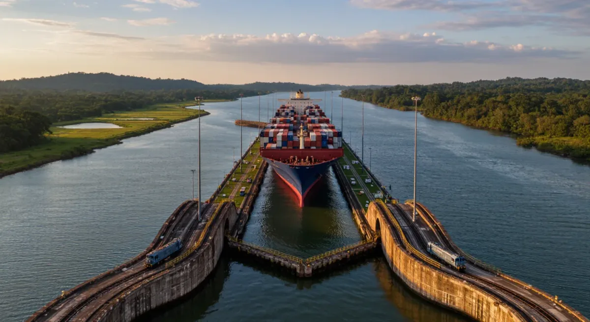Aerial view of a ship in the Panama Canal locks