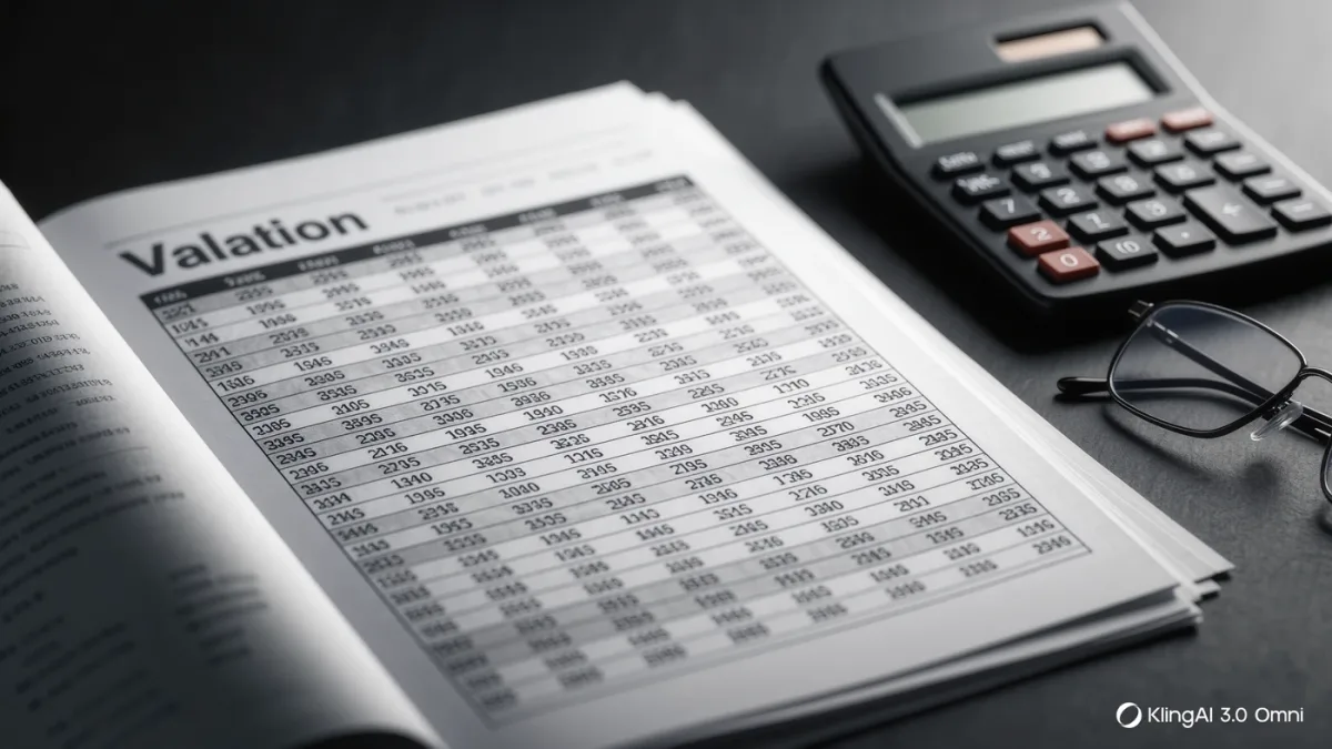 Close-up of valuation report tables and a calculator on a desk