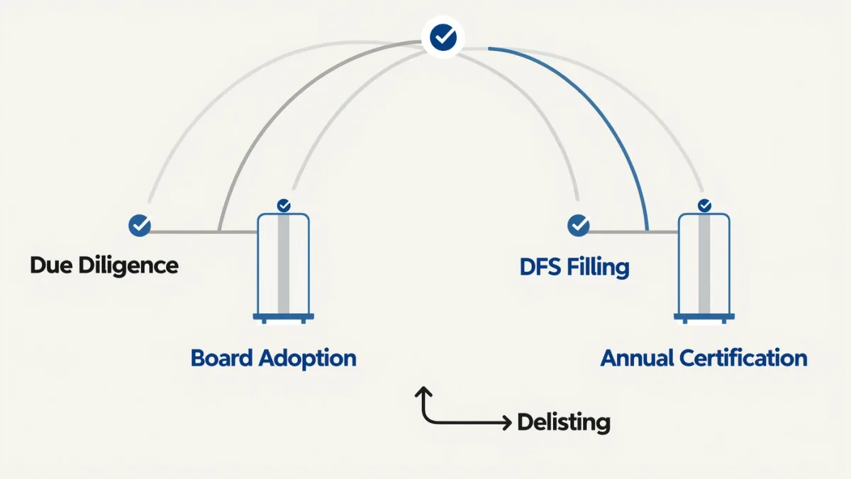 Infographic of coin listing governance gates from filing to certification