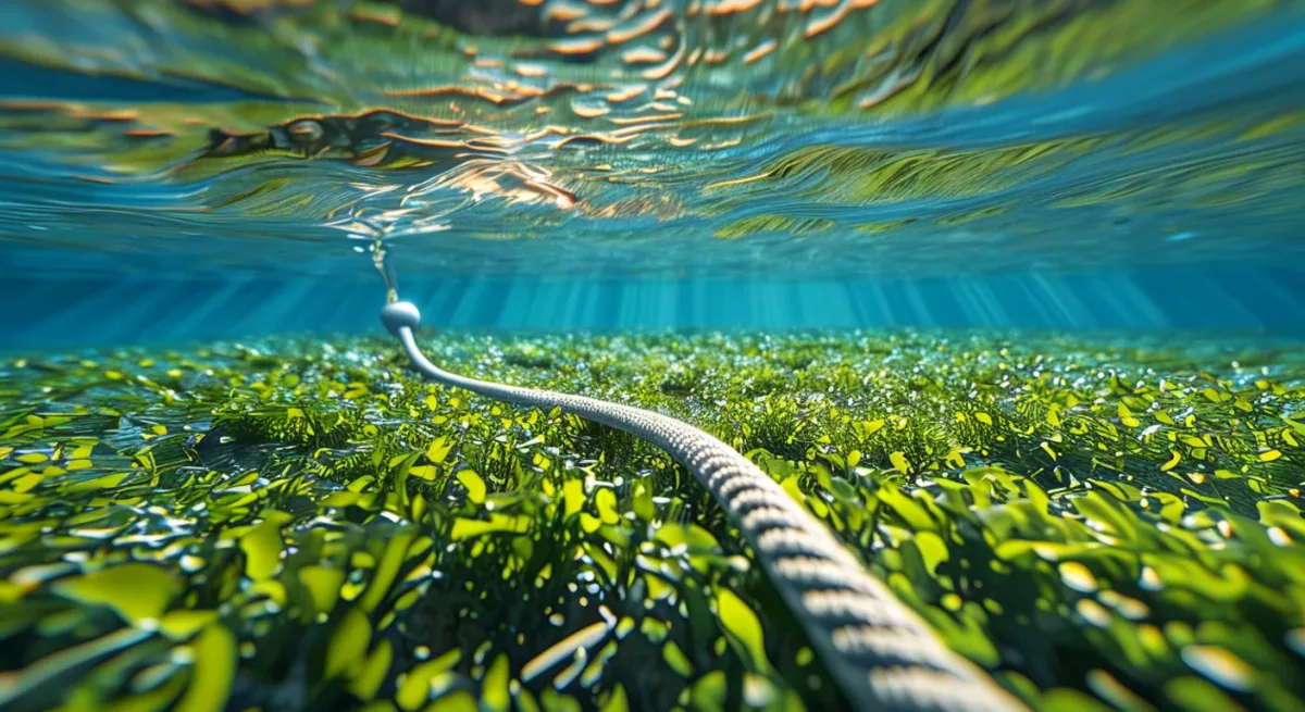 Eco-buoy and anchor line over seagrass meadow, close-up detail