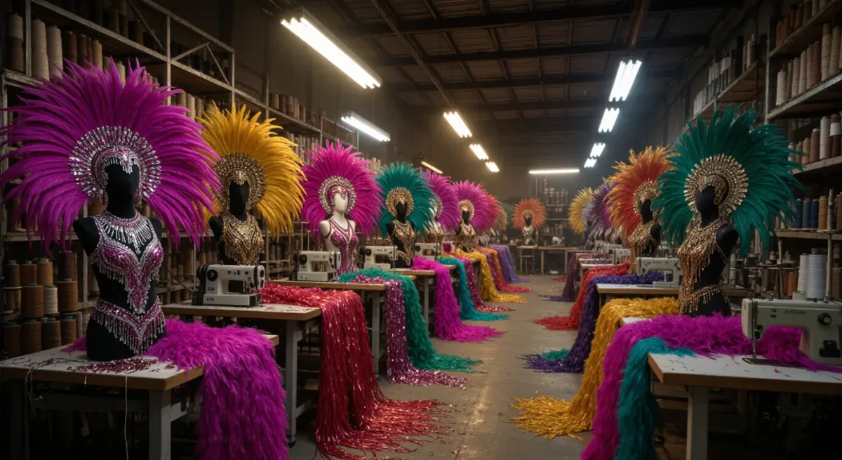 Feathered carnival costumes under construction in a workshop