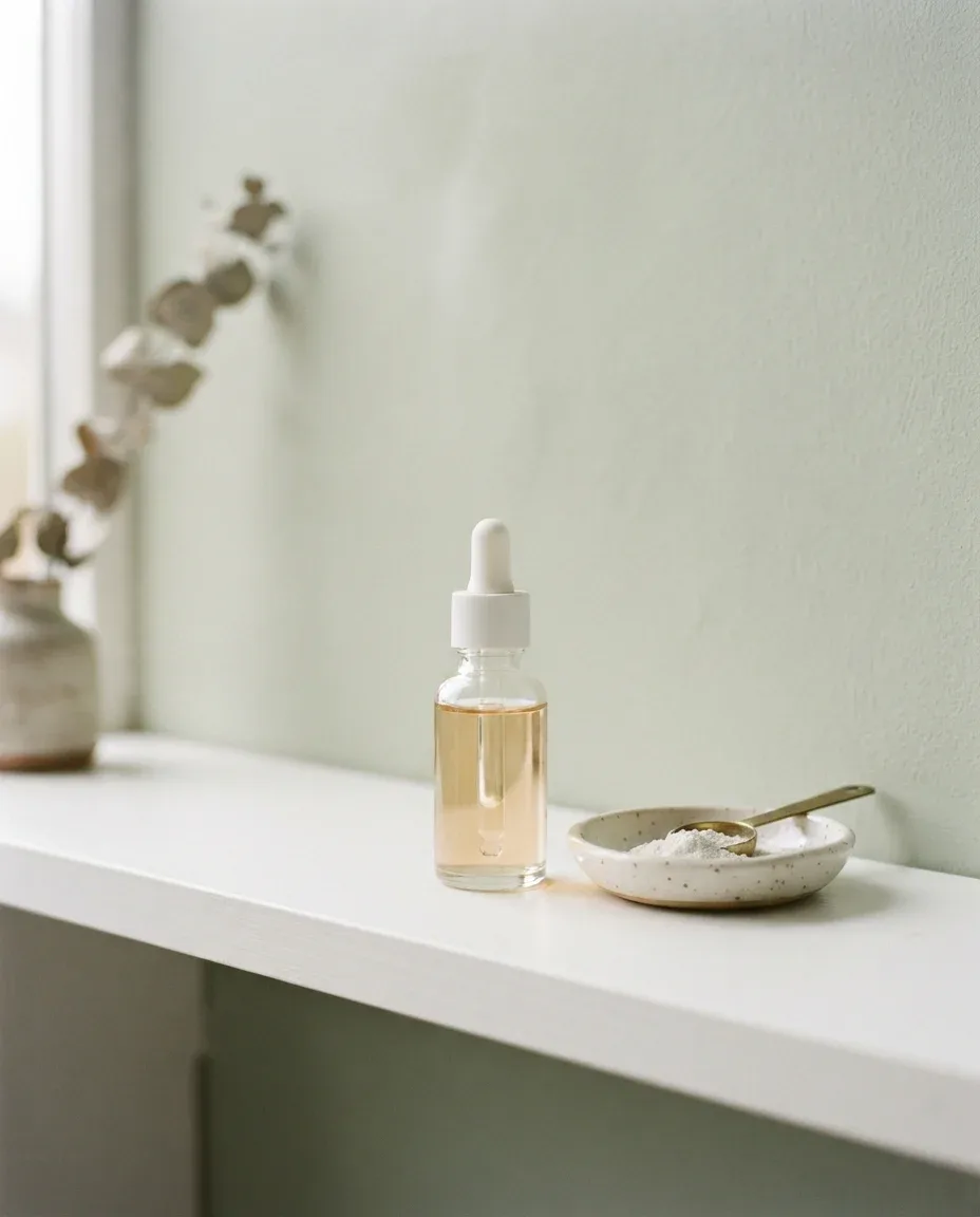 Plain serum dropper bottle beside a small dish of powder