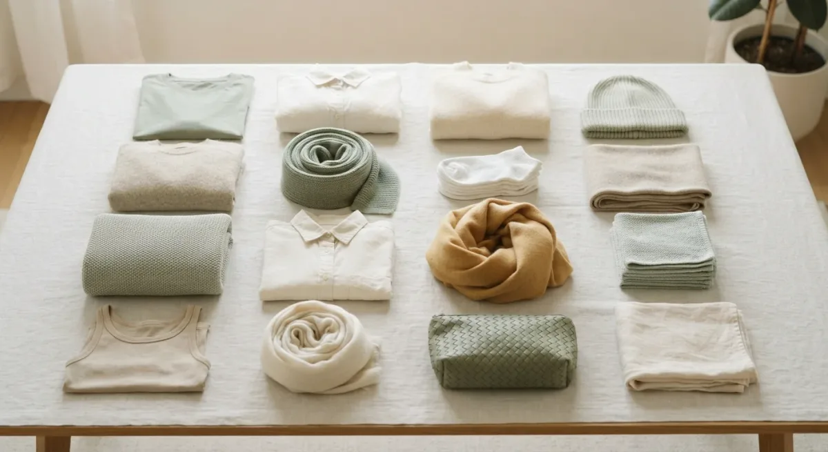 Folded neutral garments arranged in a tidy grid