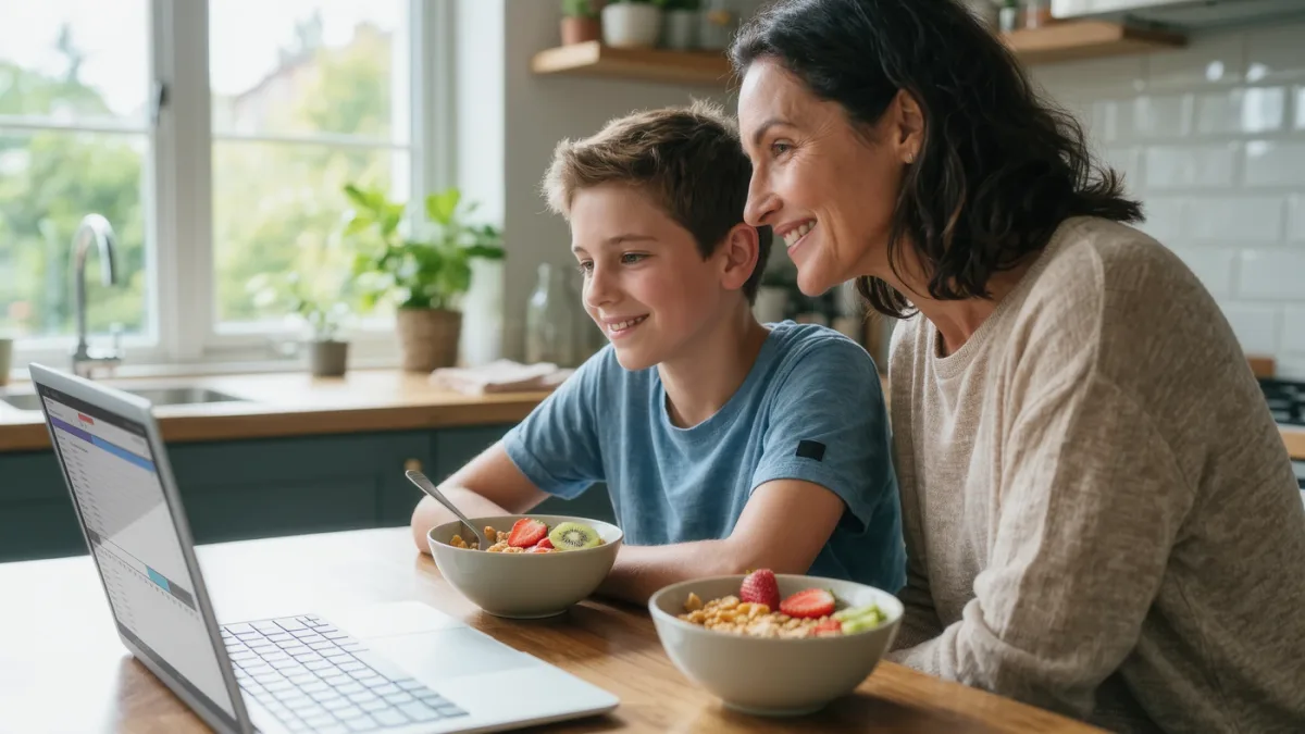 Family laptop showing a completed software update screen at breakfast