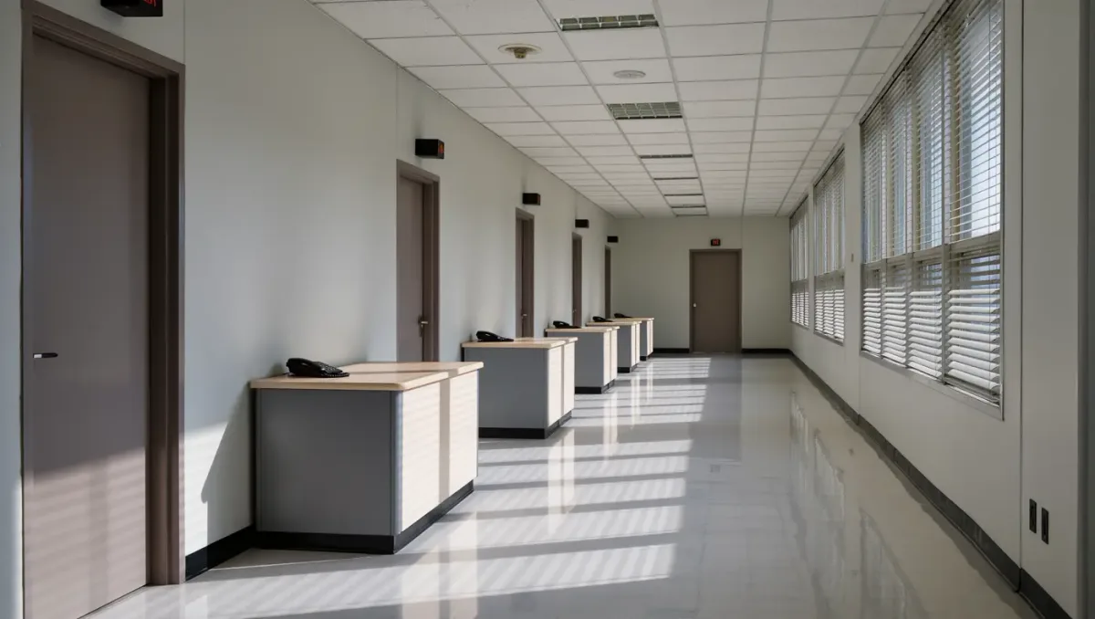 Plain office corridor with closed doors and a row of empty workstations