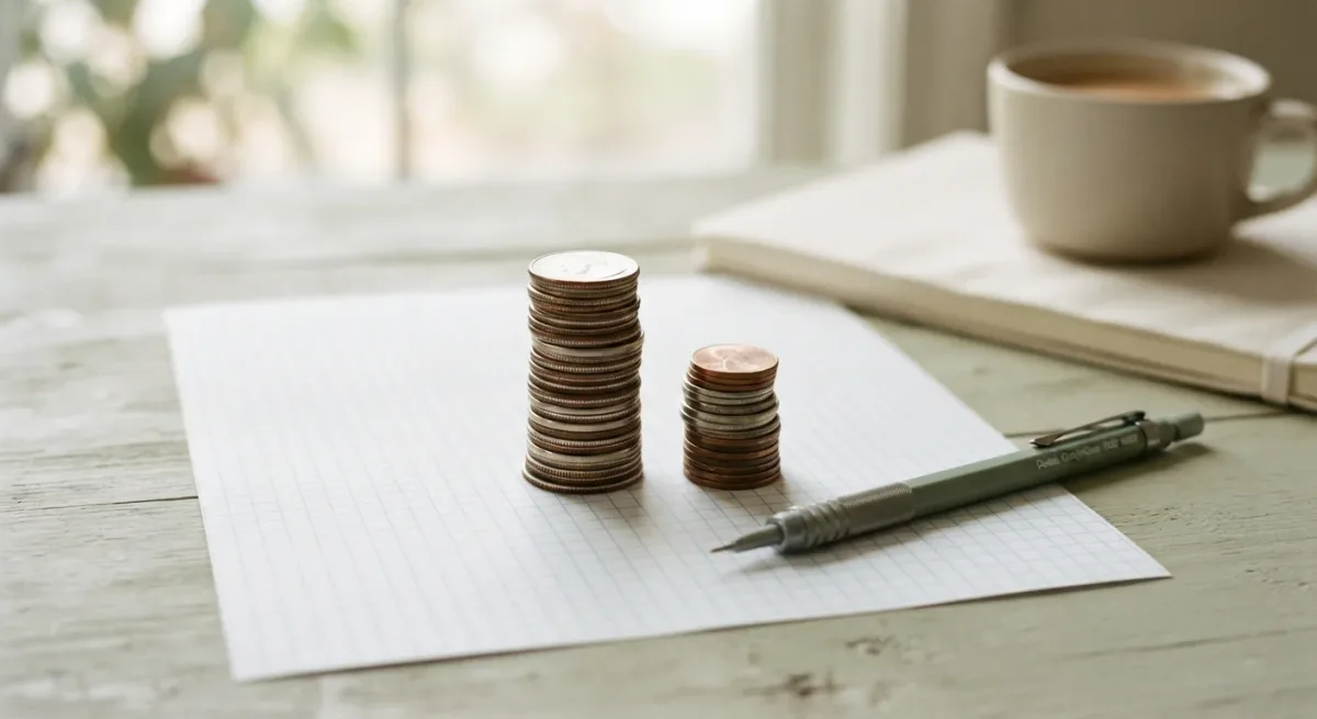 Two stacks of coins on graph paper with a pencil