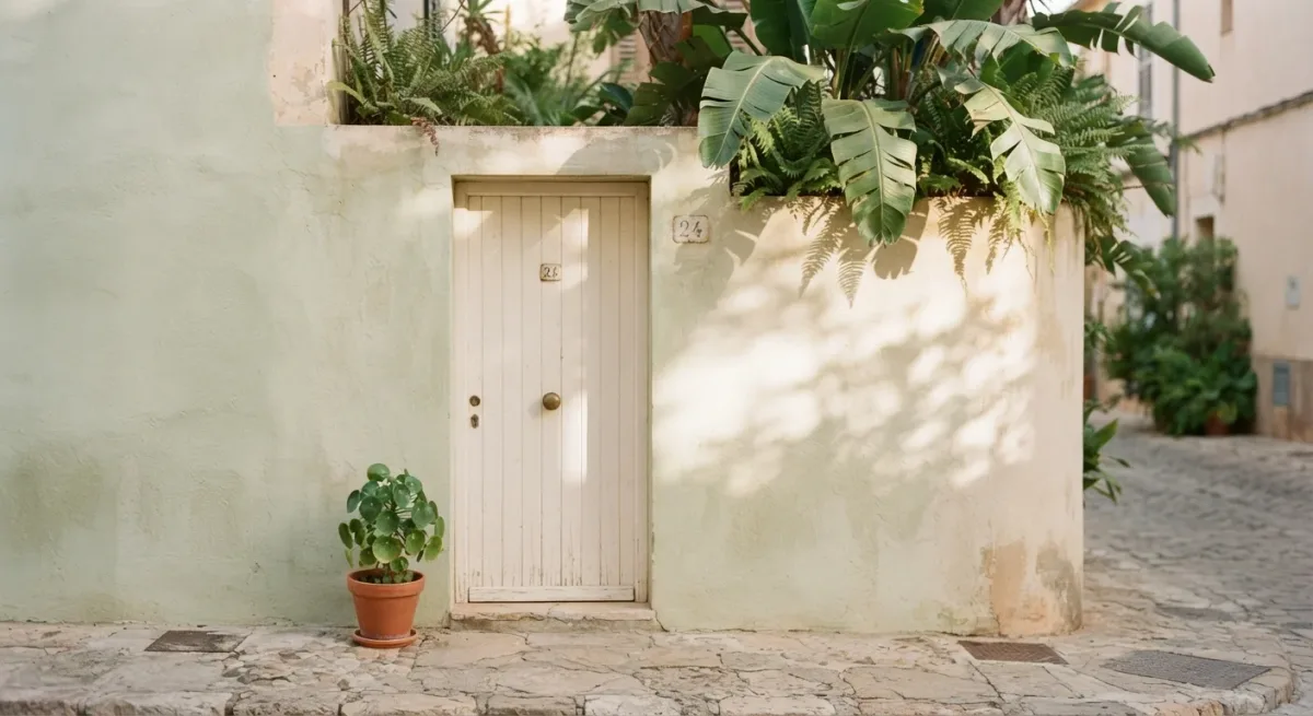 Sun-washed pastel storefront with tropical foliage shadows