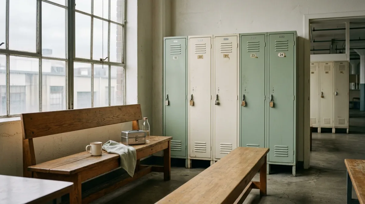 Empty factory break room with lockers and benches, overcast light