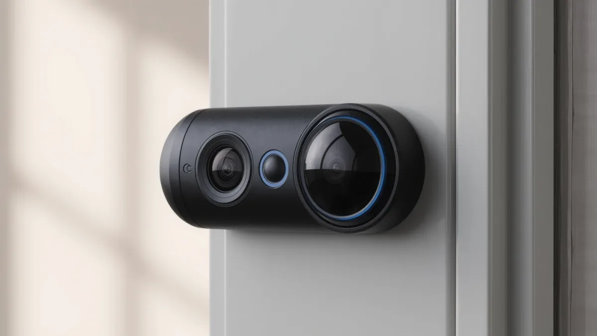 Battery video doorbell mounted beside apartment door