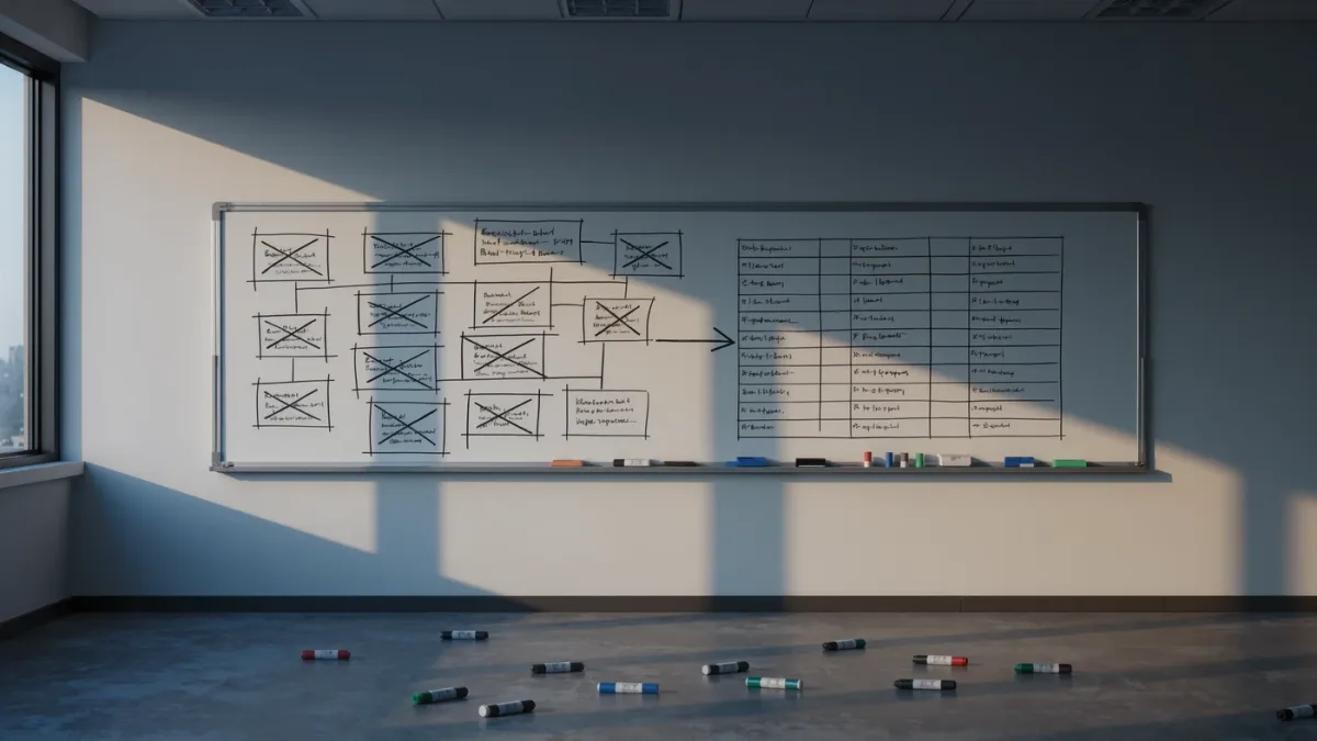 Whiteboard with crossed-out product roadmap and a new direction arrow