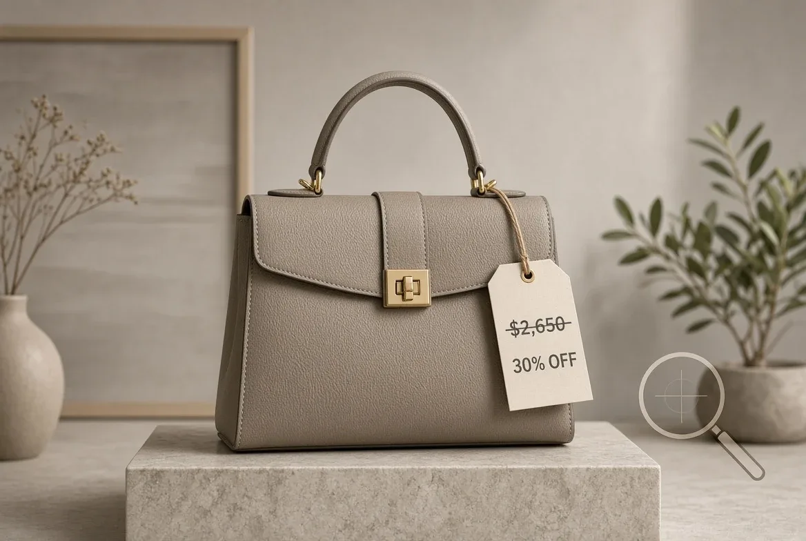 That 70% off designer bag ad, checked against the pricing rules