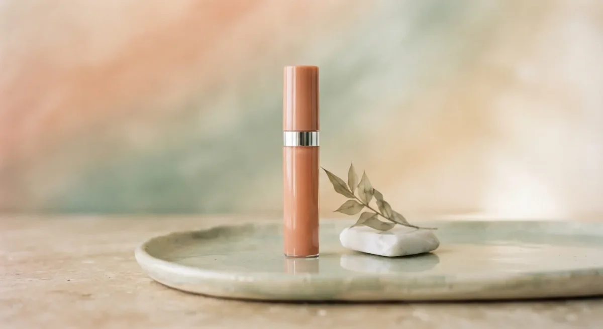 Glossy unbranded lip product on a reflective surface