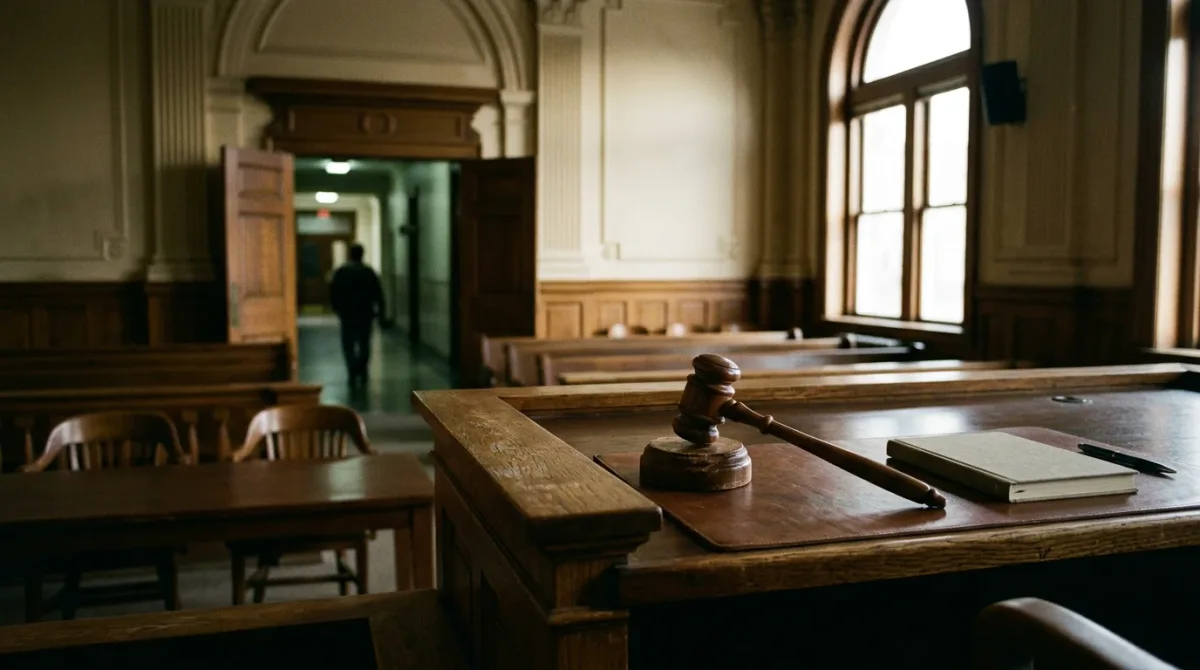 An empty courtroom bench and gavel in early morning light, with a lone blurred figure walking through a courthouse hallway in the background.