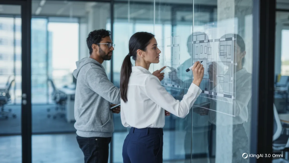 Product manager stress-testing app architecture on a glass wall diagram