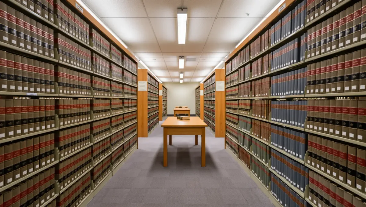 Law library shelf with bound volumes and a reading desk in flat light
