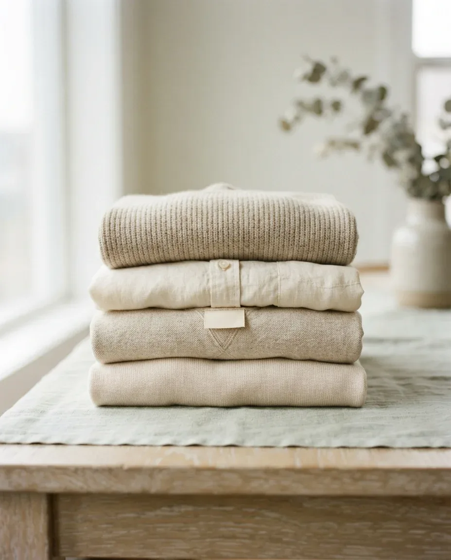 Folded natural-fiber garments with a blank woven label
