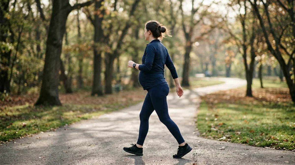 A visibly pregnant woman on a gentle brisk walk outdoors in soft natural light.