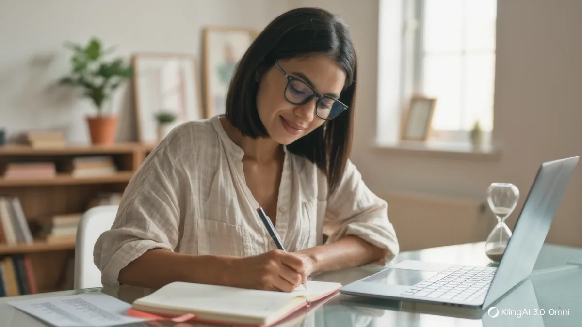 Focused writer with one open notebook and a closed laptop nearby