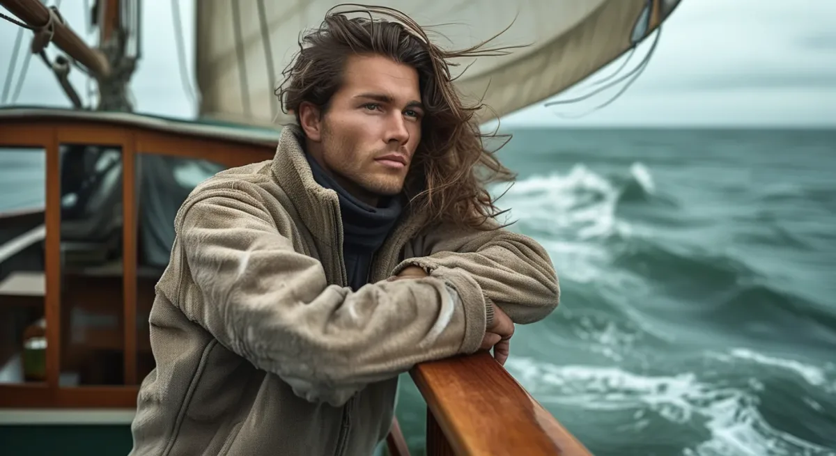 Passenger at yacht rail watching horizon, crew member offering water