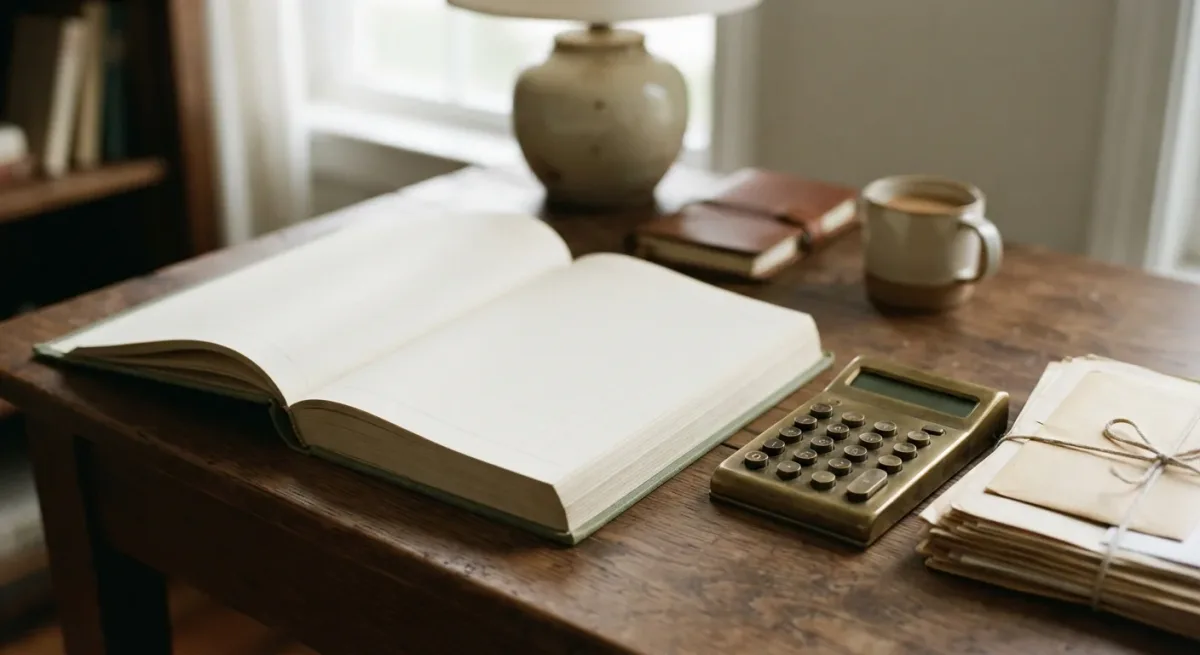 Ledger book and calculator on a wooden desk beside stacked papers