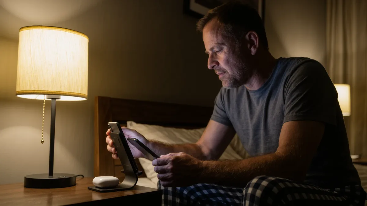 Person placing phone on 3-in-1 charging stand at night