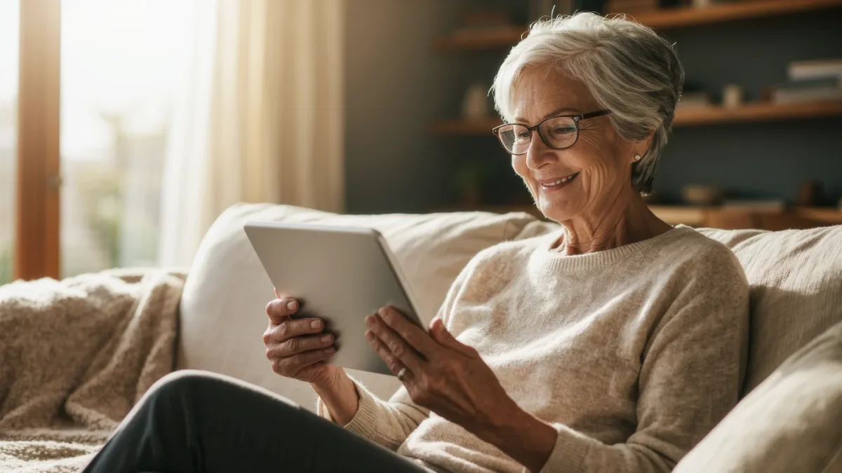 Older woman reading enlarged text on a tablet