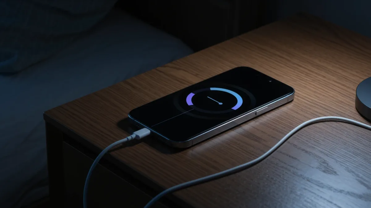 Phone charging on cool nightstand away from heat