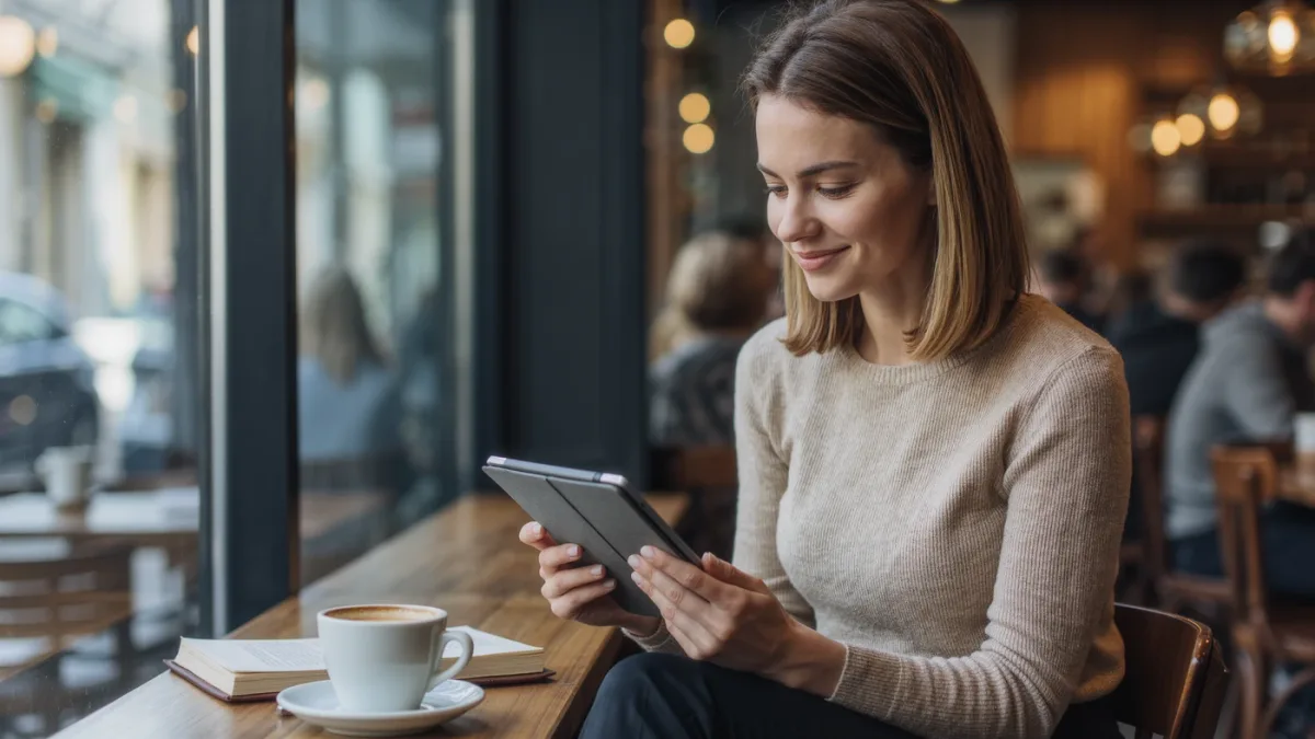 Young reader tapping a dictionary popup on an e-reader at a cafe table