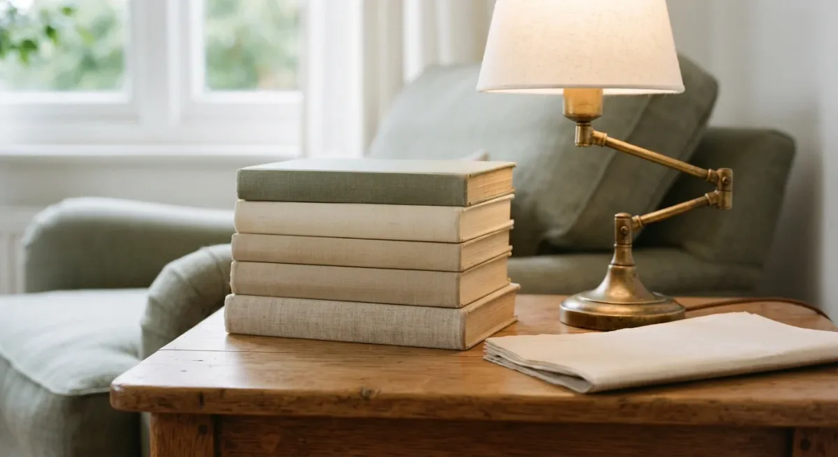 Stack of mid-century hardcover books beside a reading lamp