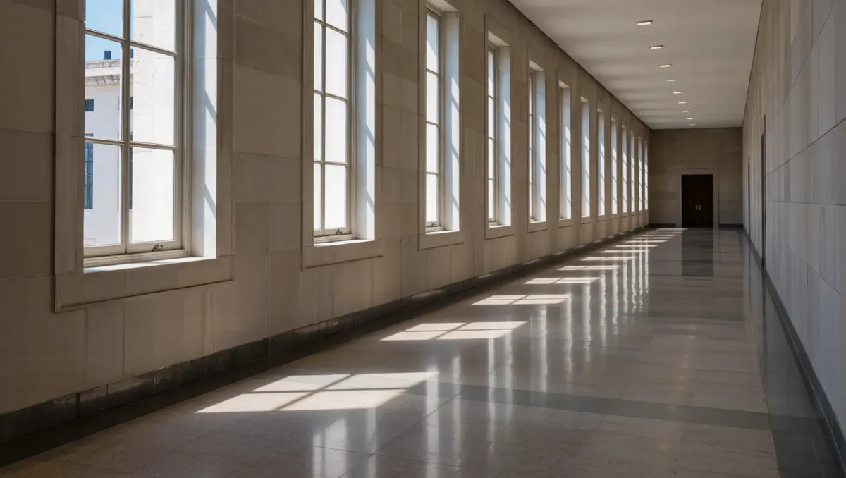 Twelve identical courthouse windows in a row casting different shadows on a stone corridor floor