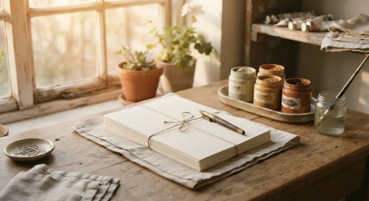 Studio desk with application papers in amber light