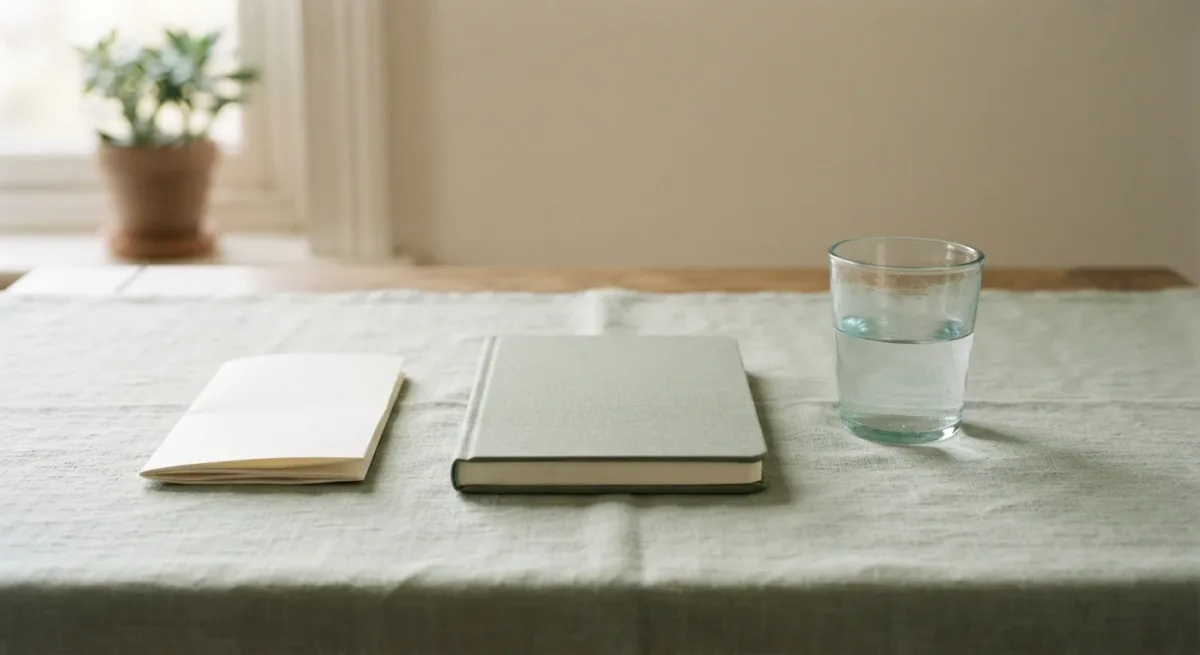 Plain notebook, water glass, and folded paper on desk in soft daylight