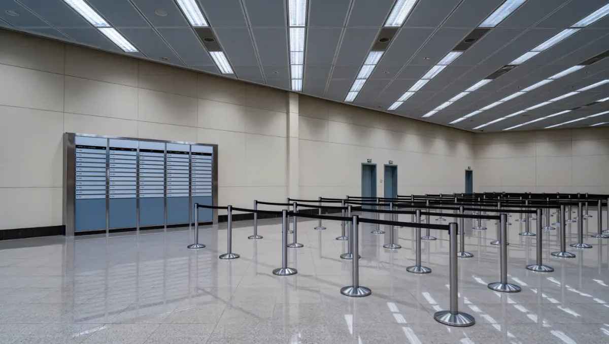 Federal building lobby with directory board and railings