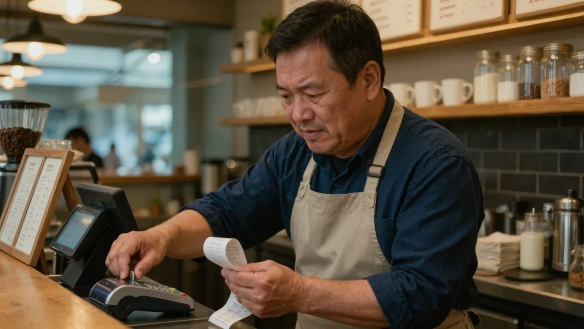 Small restaurant owner checking a card terminal after downtime