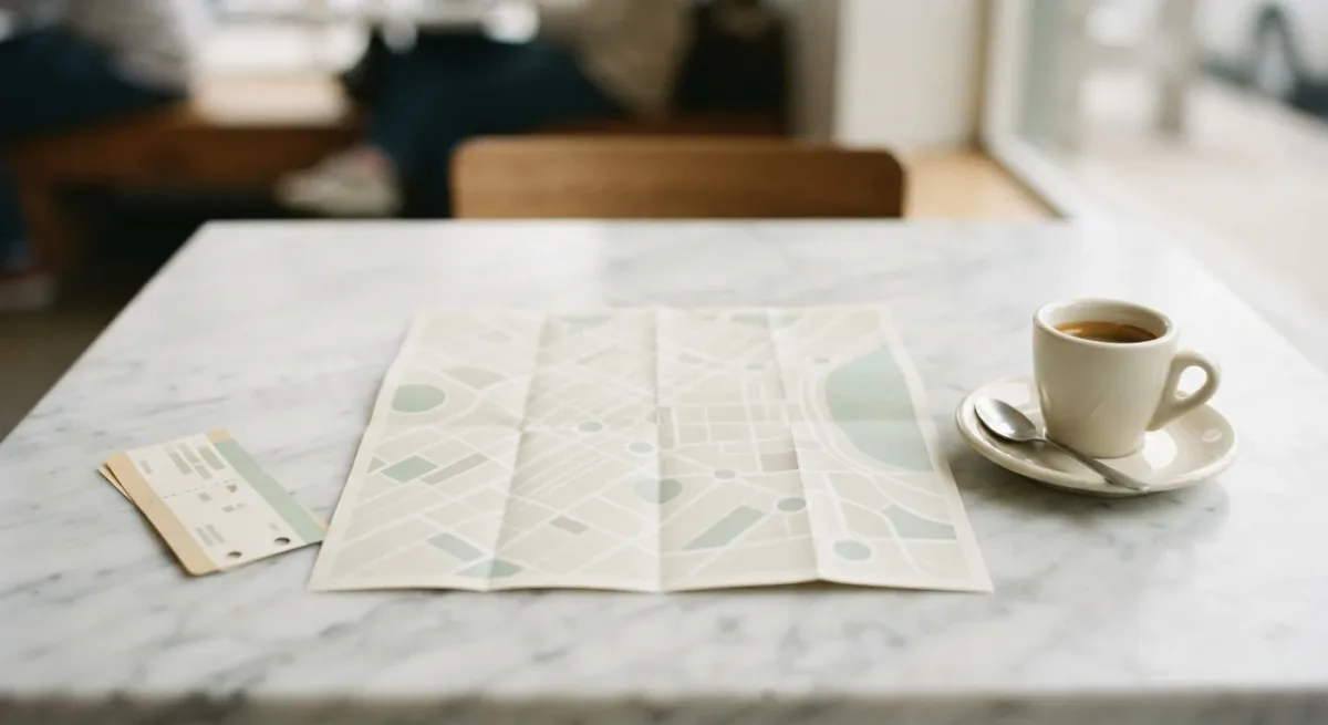 City map and folded transit plan on a café table