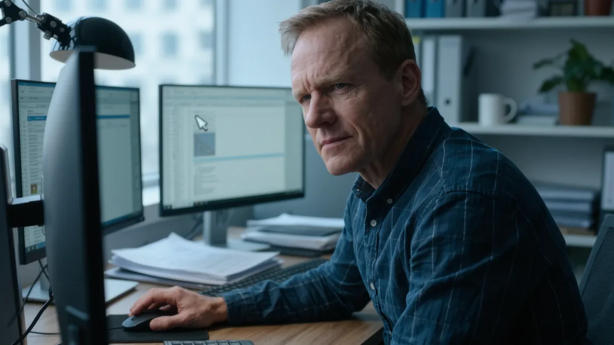 Office worker downloading software from a search results page