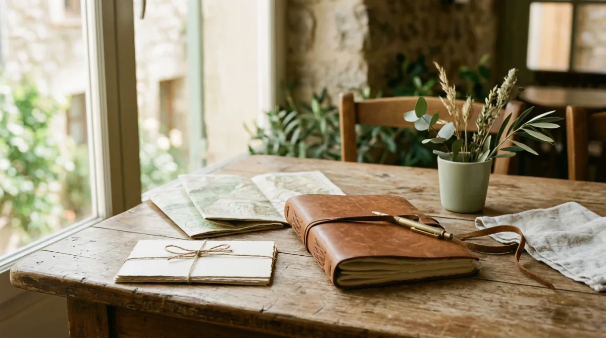 Travel journal and blank postcards on a worn table