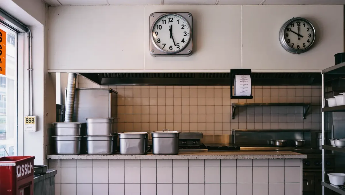 Restaurant prep counter with stacked containers and a wall time clock in flat light