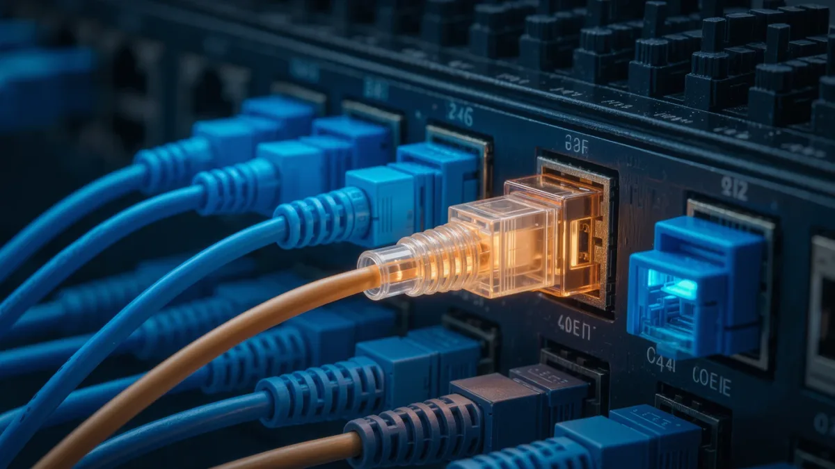 Close-up of network patch panel with one amber-lit failed link