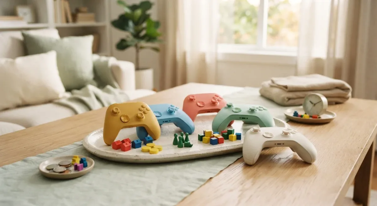 Colorful game controllers and pieces on a sunny table