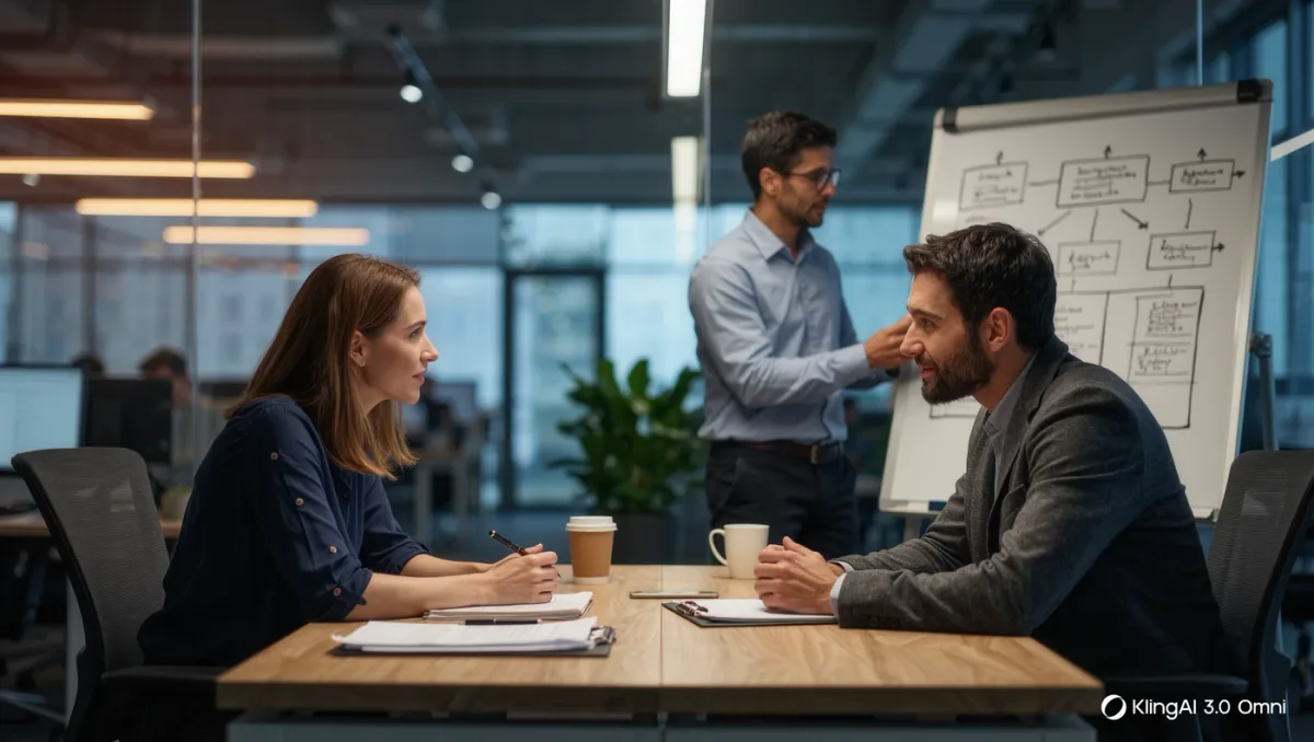 Two co-founders in a tense discussion with a facilitator at a whiteboard