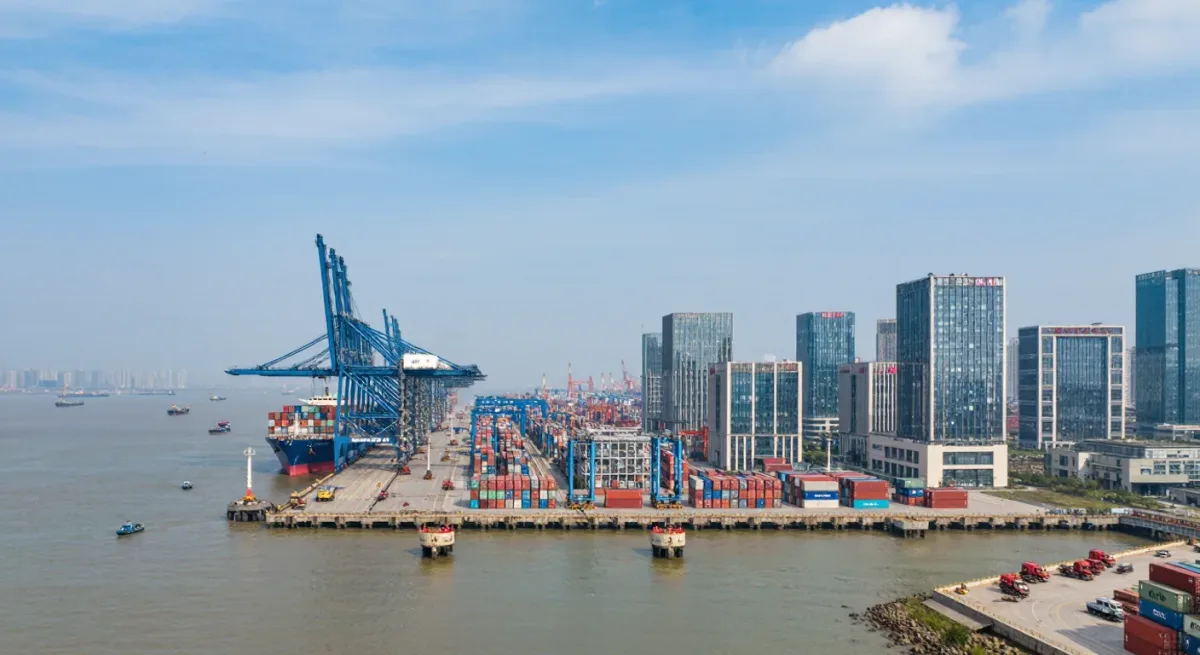 Office towers rising over a port district at midday