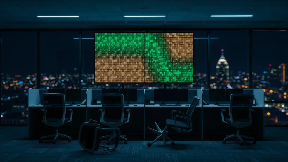 Empty trading-desk row at night with one capture-status monitor glowing