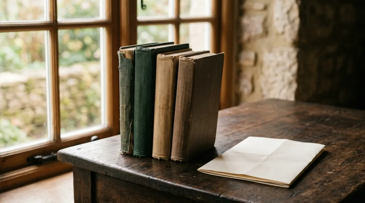 Three plain hardcovers on a desk beside a paper ballot